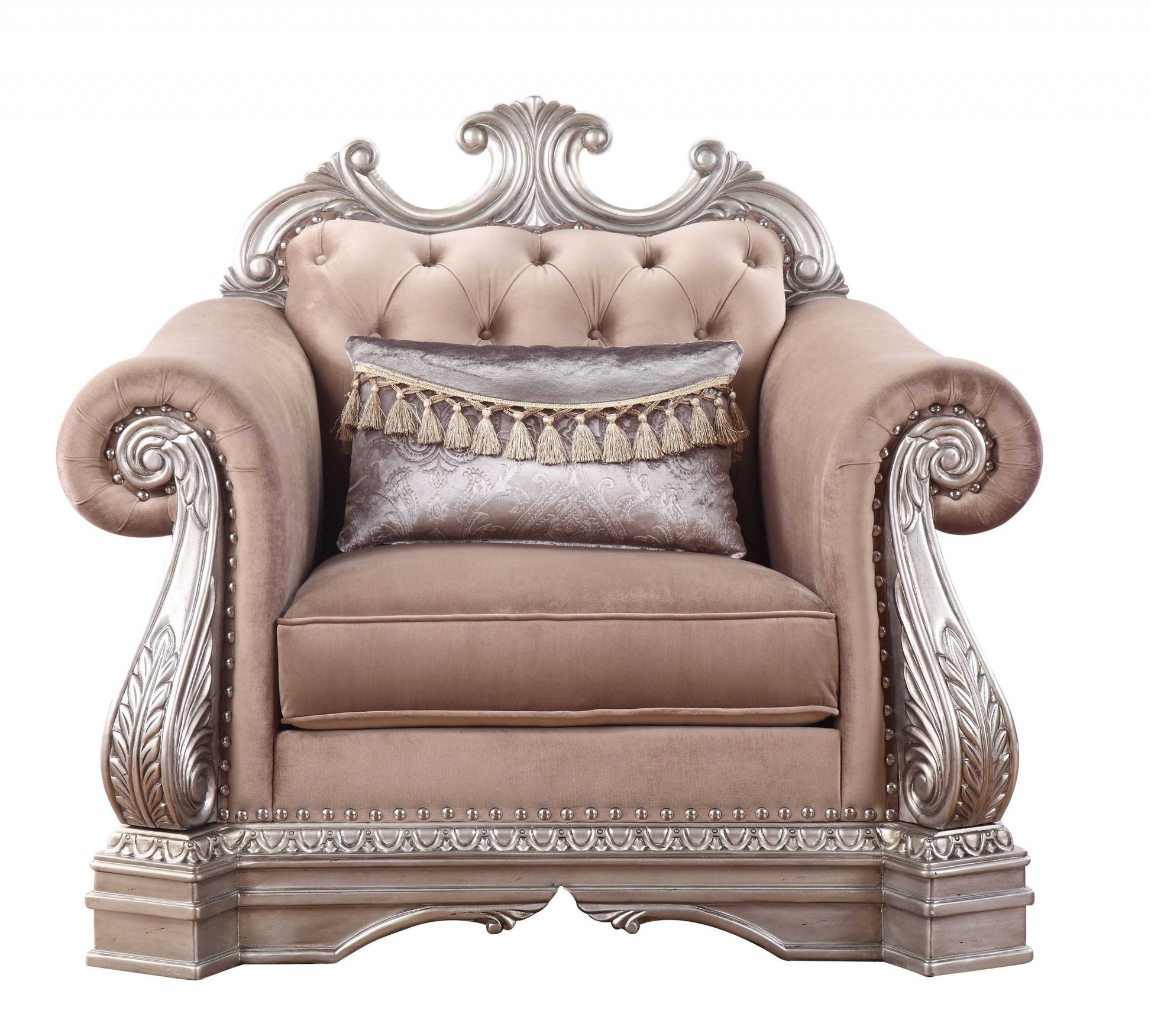 42" Cherry Blossom Pink and Silver Velvet Tufted Arm Chair And Toss Pillow-1