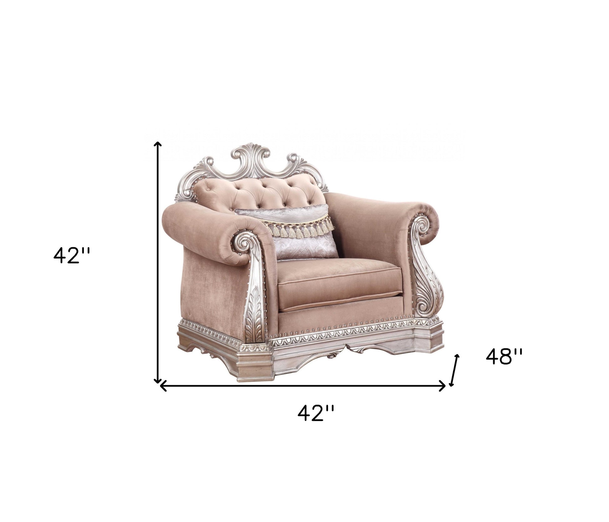 42" Cherry Blossom Pink and Silver Velvet Tufted Arm Chair And Toss Pillow-5