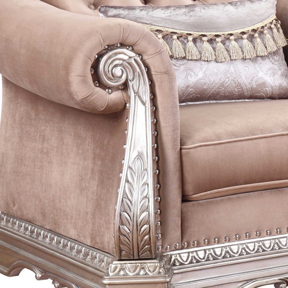 42" Cherry Blossom Pink and Silver Velvet Tufted Arm Chair And Toss Pillow-4