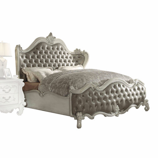 Gray and Bone Carved Scrollwork Solid Wood And Tufted Faux Leather Queen Bed Frame With Nailhead Trim-1