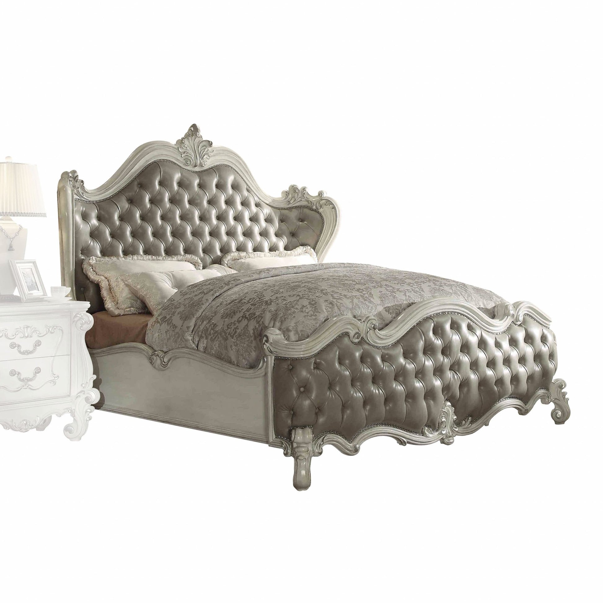 King Tufted Ivory And Gray Upholstered Faux Leather Bed With Nailhead Trim-2