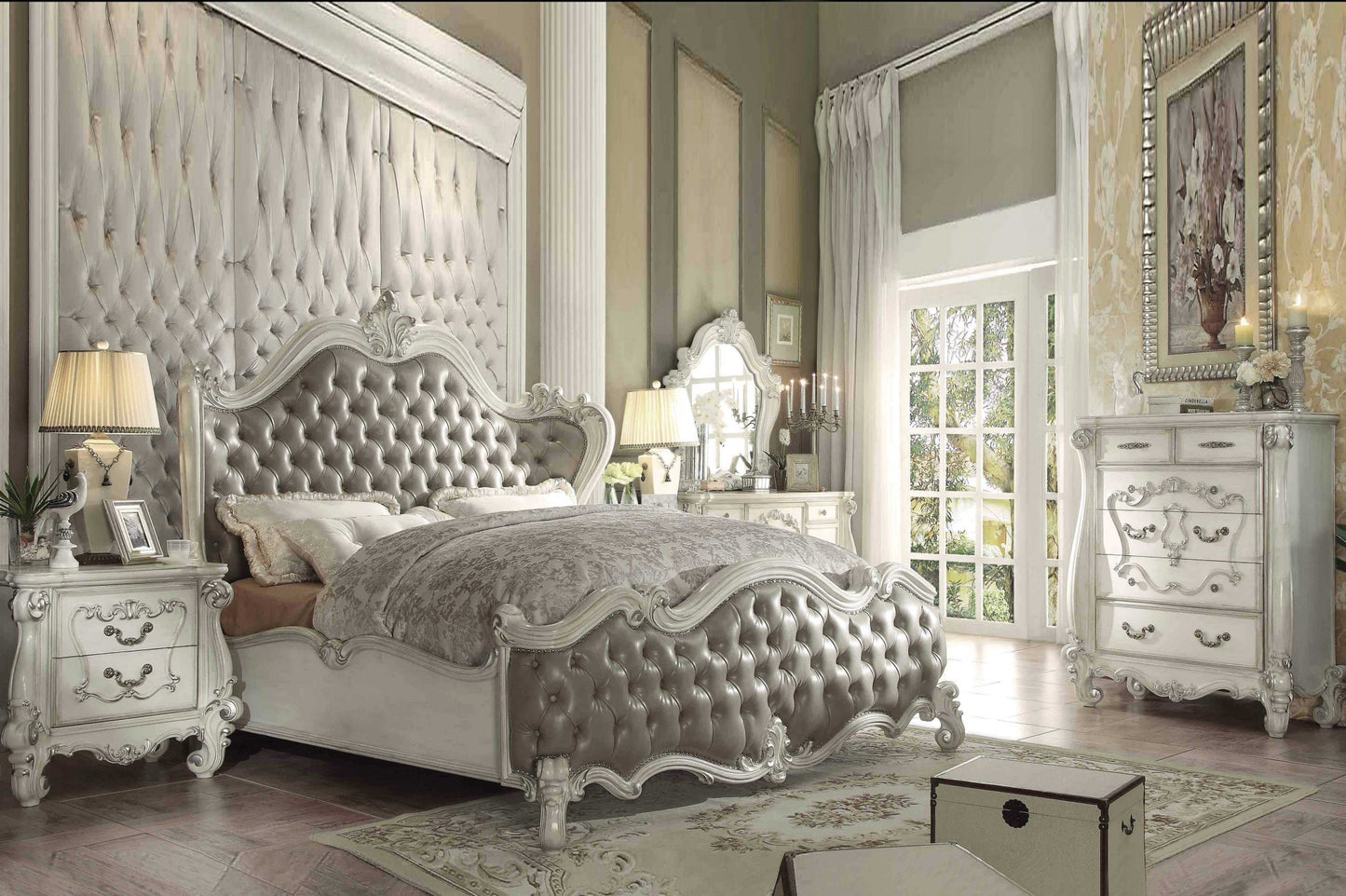 King Tufted Ivory And Gray Upholstered Faux Leather Bed With Nailhead Trim-5