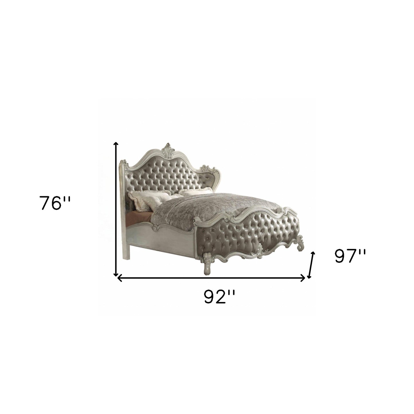 King Tufted Ivory And Gray Upholstered Faux Leather Bed With Nailhead Trim-6