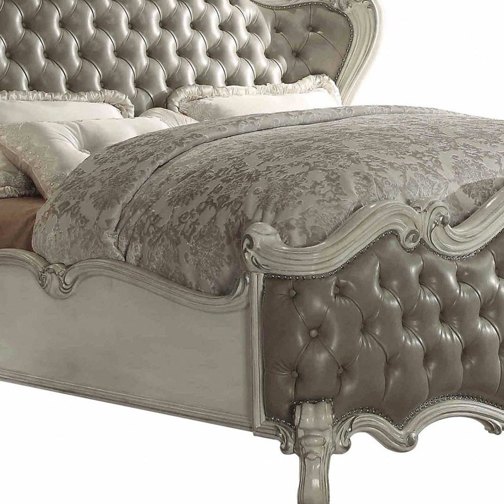 King Tufted Ivory And Gray Upholstered Faux Leather Bed With Nailhead Trim-3