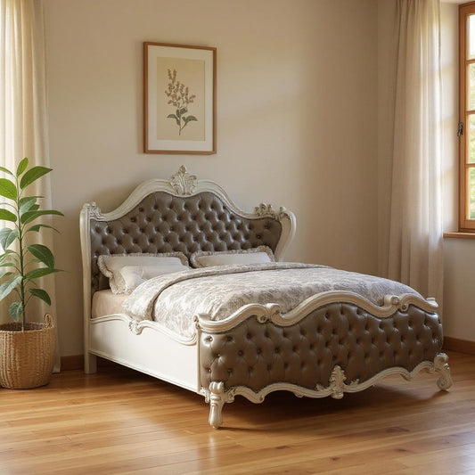 King Tufted Ivory And Gray Upholstered Faux Leather Bed With Nailhead Trim-0