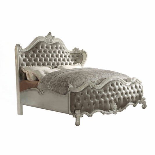King Tufted Ivory And Gray Upholstered Faux Leather Bed With Nailhead Trim-1