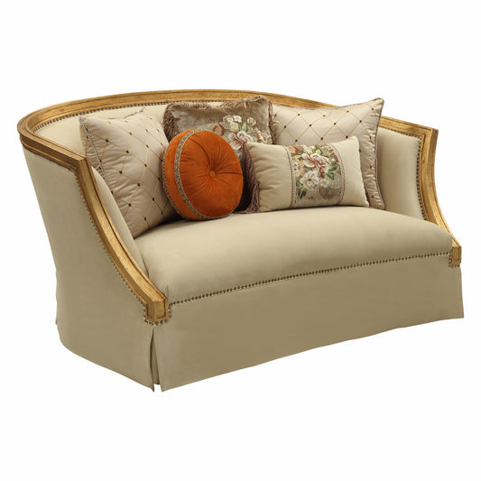 70" Tan And Gold Curved Loveseat and Toss Pillows-0