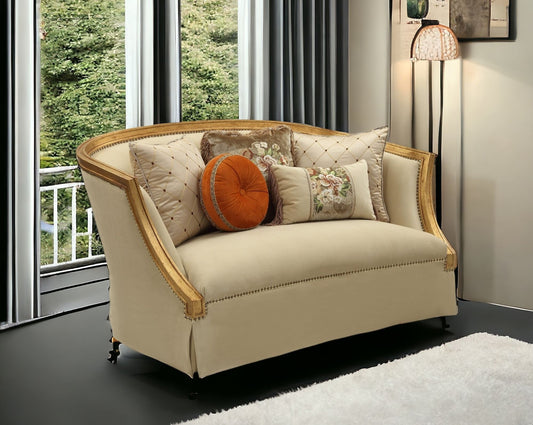 70" Tan And Gold Curved Loveseat and Toss Pillows-1