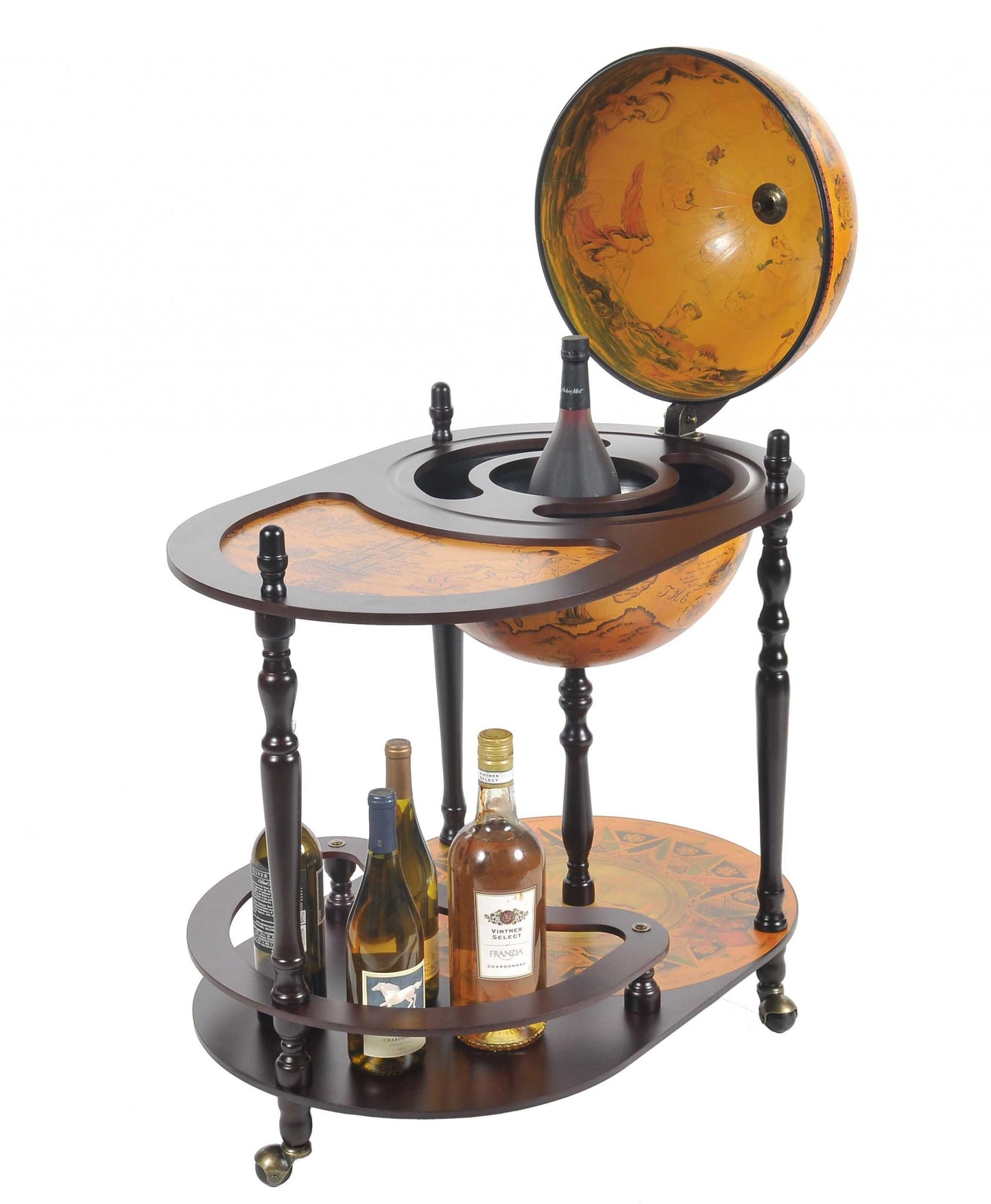 32" Brown Solid Wood Oval Rolling Bar Cart With Wine Storage-5