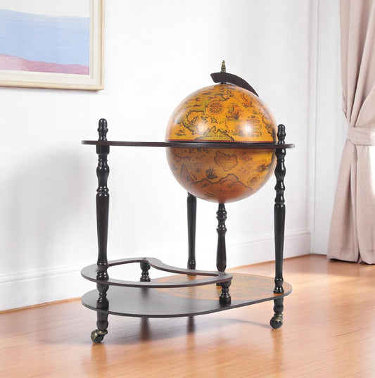 32" Brown Solid Wood Oval Rolling Bar Cart With Wine Storage-0