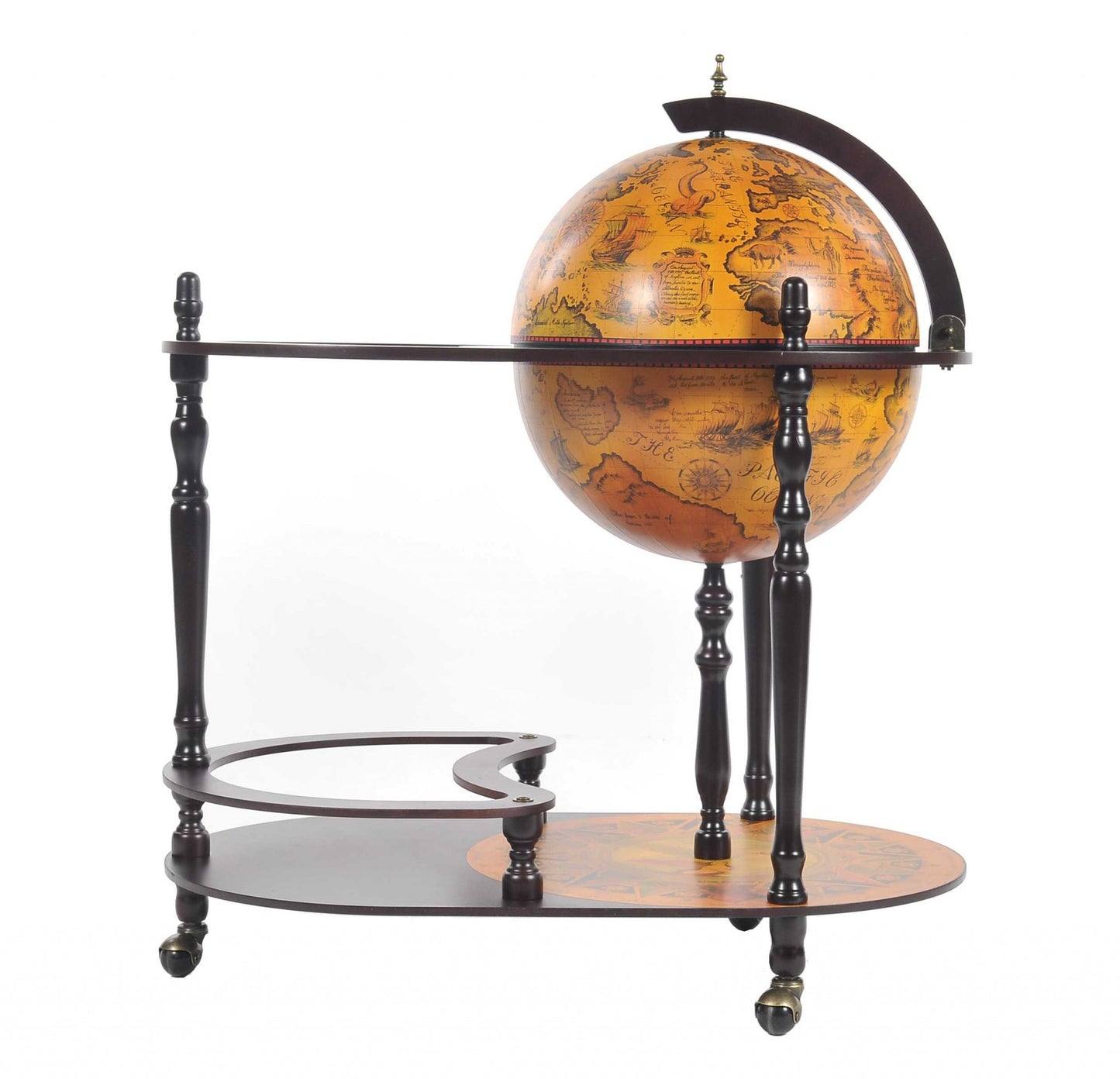 32" Brown Solid Wood Oval Rolling Bar Cart With Wine Storage-4