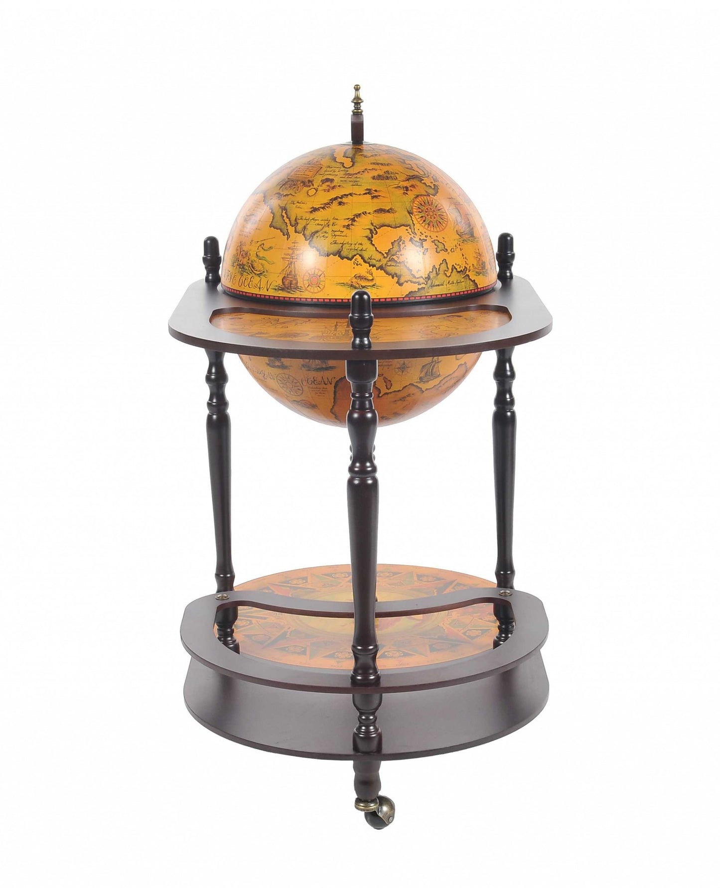 32" Brown Solid Wood Oval Rolling Bar Cart With Wine Storage-2