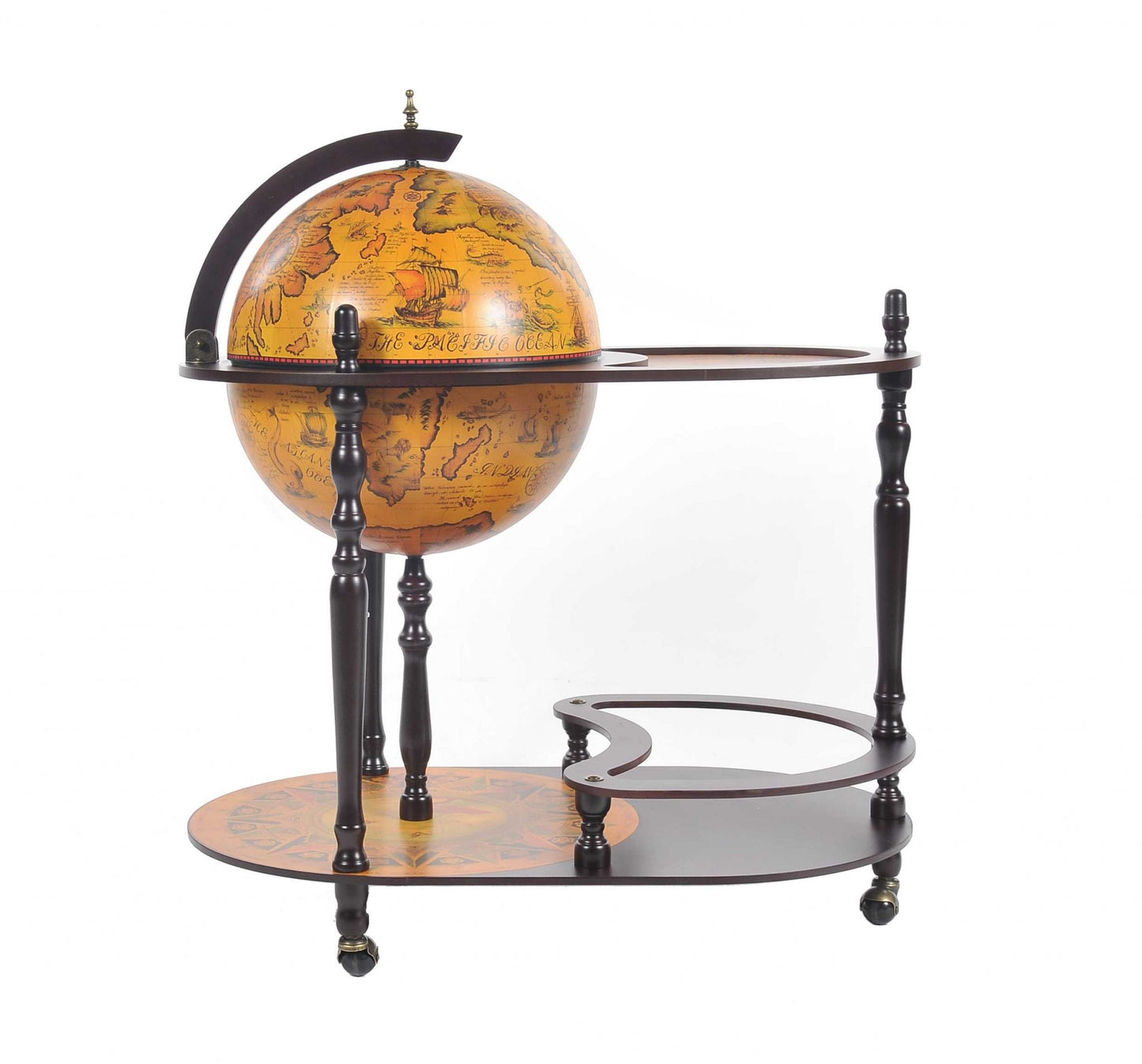 32" Brown Solid Wood Oval Rolling Bar Cart With Wine Storage-3