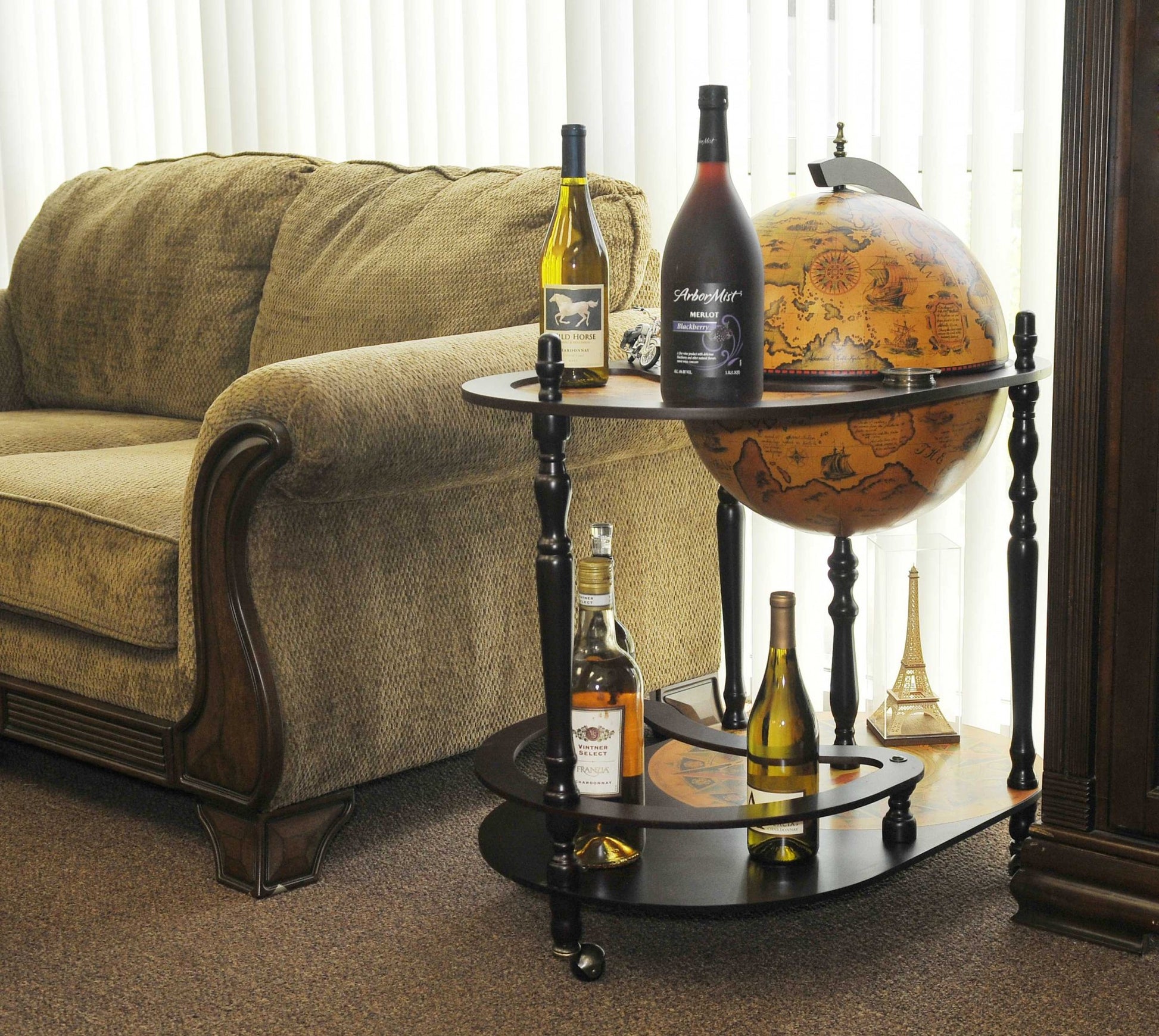 32" Brown Solid Wood Oval Rolling Bar Cart With Wine Storage-8