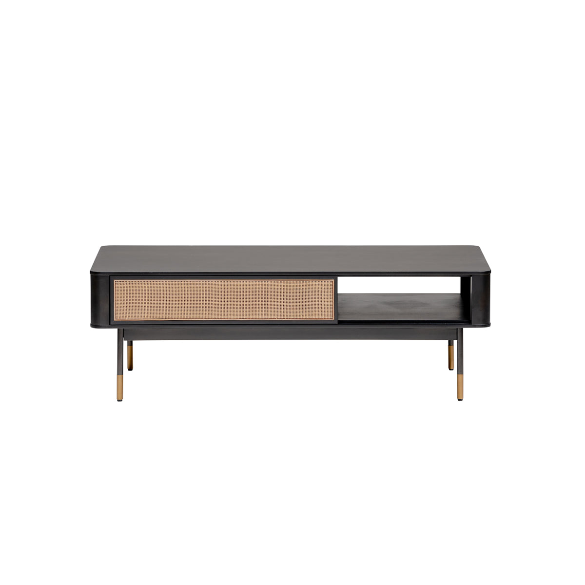 47" Black and Brown Solid Wood And Steel Coffee Table With Drawer And Shelf-0