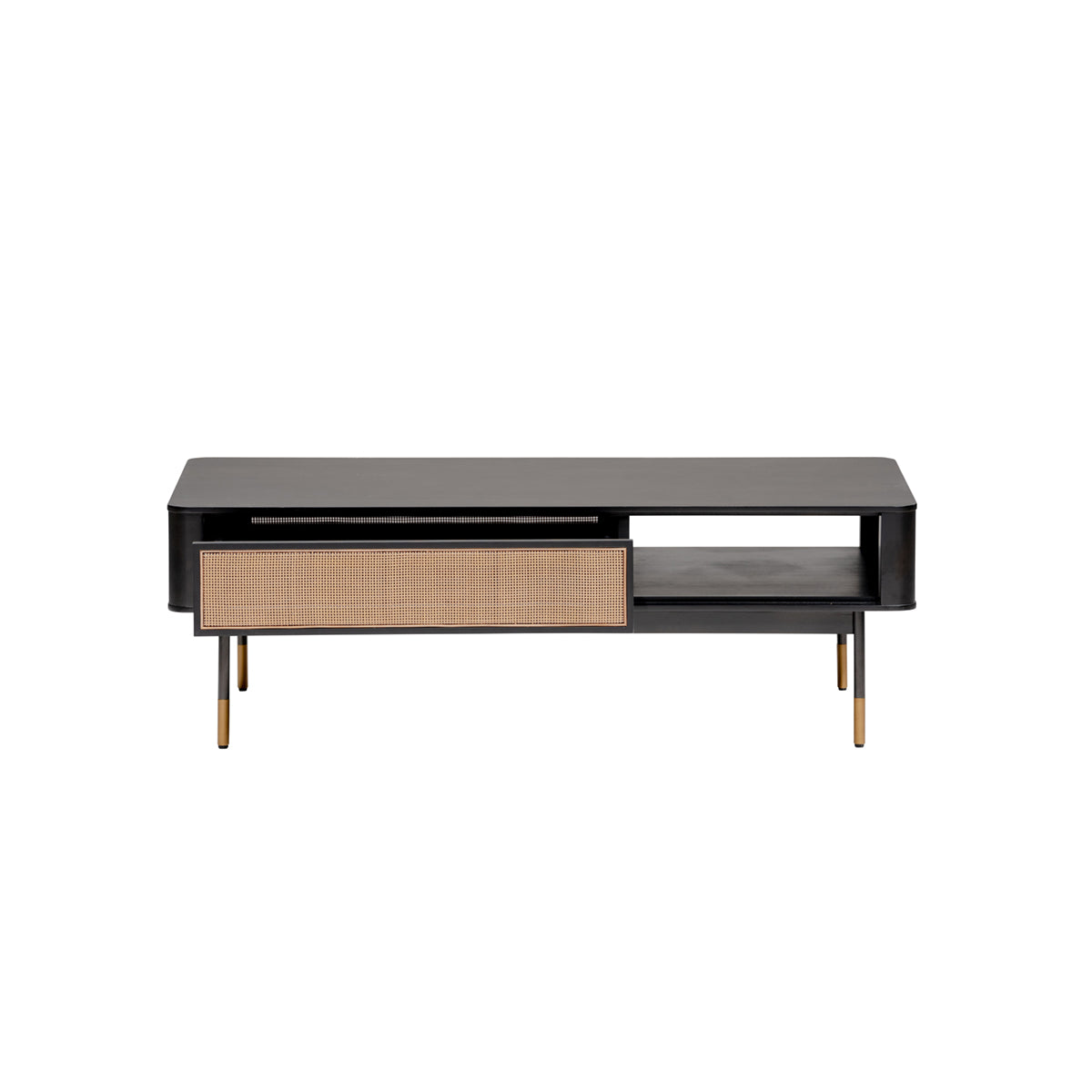 47" Black and Brown Solid Wood And Steel Coffee Table With Drawer And Shelf-2