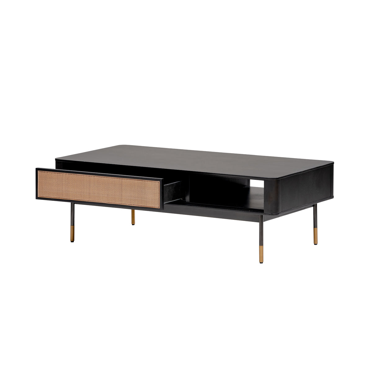 47" Black and Brown Solid Wood And Steel Coffee Table With Drawer And Shelf-4