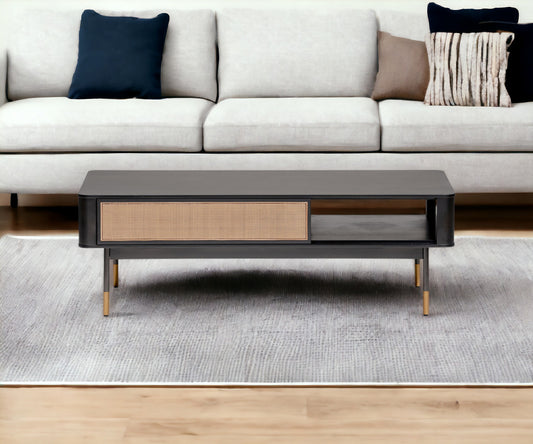 47" Black and Brown Solid Wood And Steel Coffee Table With Drawer And Shelf-1