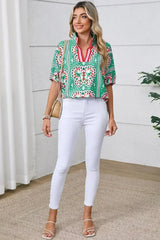 Sea Green Boho Geometric Print Color Neckline Blouse | Femstylo