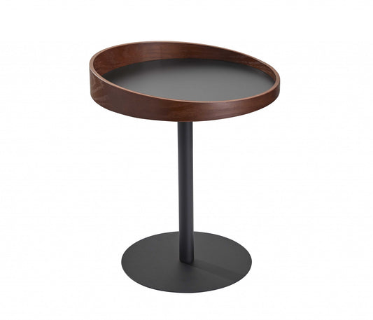 22" Black And Walnut Wood And Metal Round Pedestal End Table-1