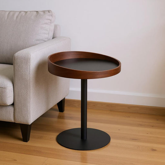 22" Black And Walnut Wood And Metal Round Pedestal End Table-0