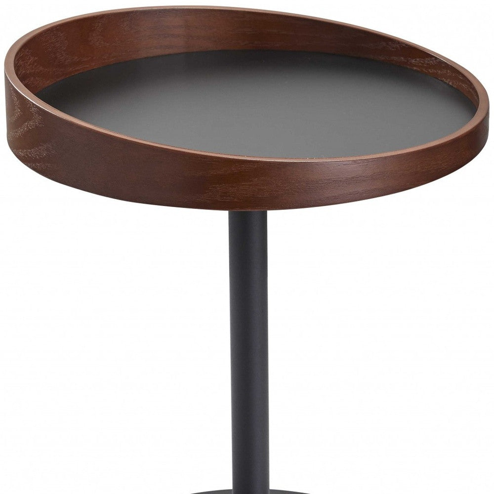 22" Black And Walnut Wood And Metal Round Pedestal End Table-3