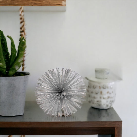 6" Silver Iron Decorative Urchin Spiky Sphere Tabletop Sculpture-0