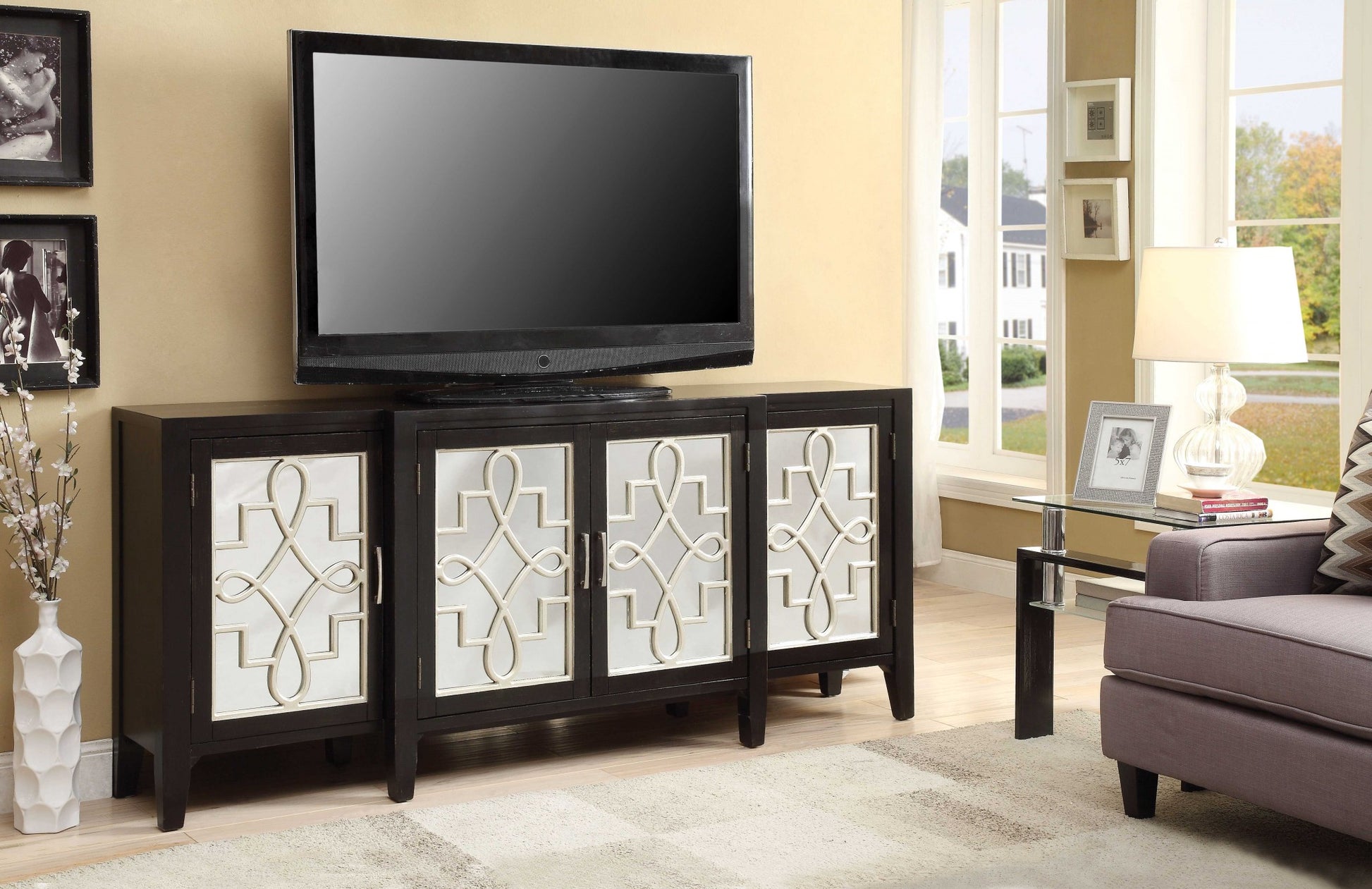 72" Black And Silver Mirrored Solid Wood Distressed Solid Console Table-3
