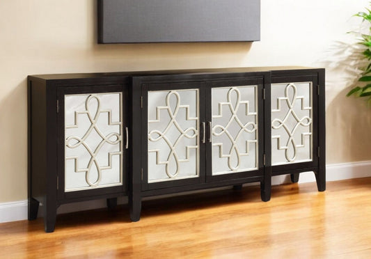 72" Black And Silver Mirrored Solid Wood Distressed Solid Console Table-1