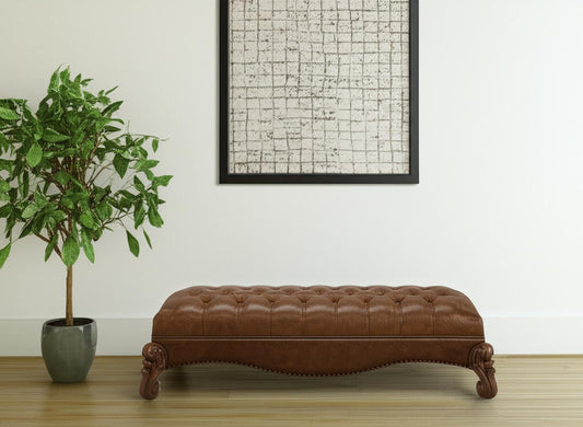 65" Brown Tufted Faux Leather Upholstered Bench-0