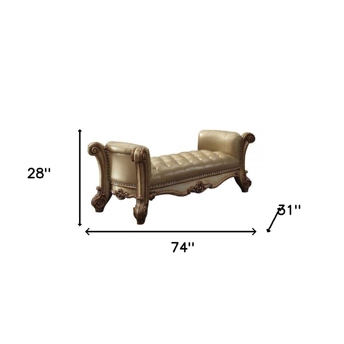 74" Bone and Gold Tufted Faux Leather Upholstered Bench-4