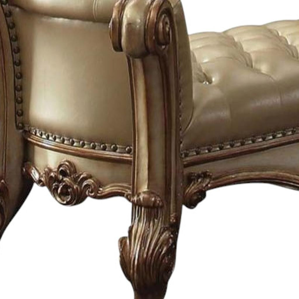 74" Bone and Gold Tufted Faux Leather Upholstered Bench-2