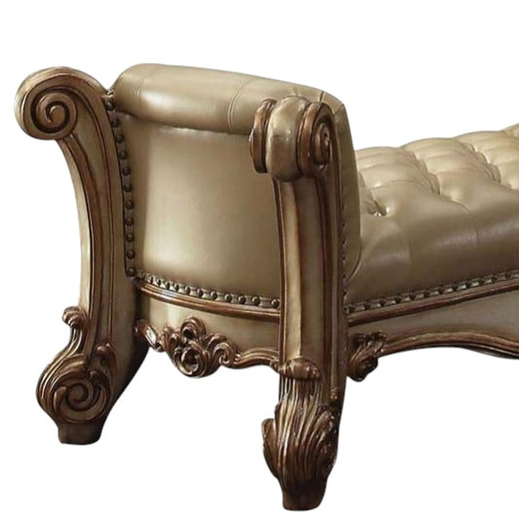 74" Bone and Gold Tufted Faux Leather Upholstered Bench-3