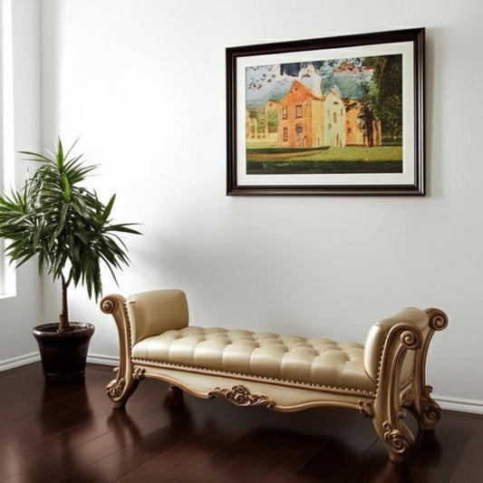 74" Bone and Gold Tufted Faux Leather Upholstered Bench-0