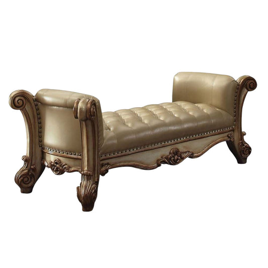 74" Bone and Gold Tufted Faux Leather Upholstered Bench-1