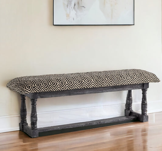 56" Black and White and Gray Upholstered Cotton Blend Trellis Bench-0
