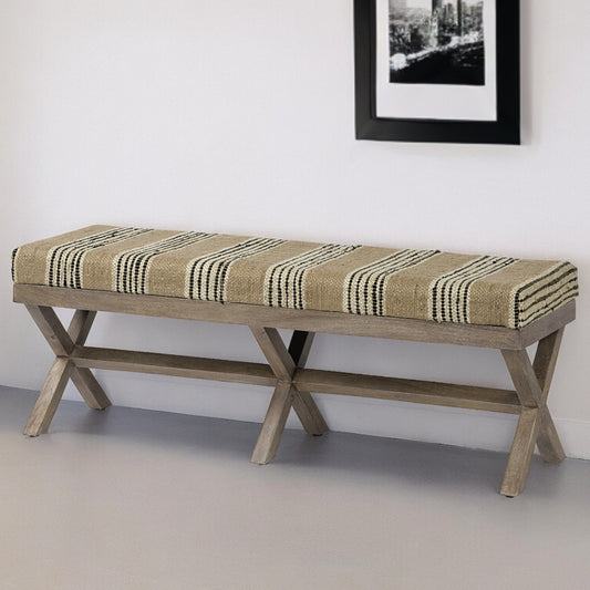 16" Beige And Brown Upholstered Cotton Blend Bench-1