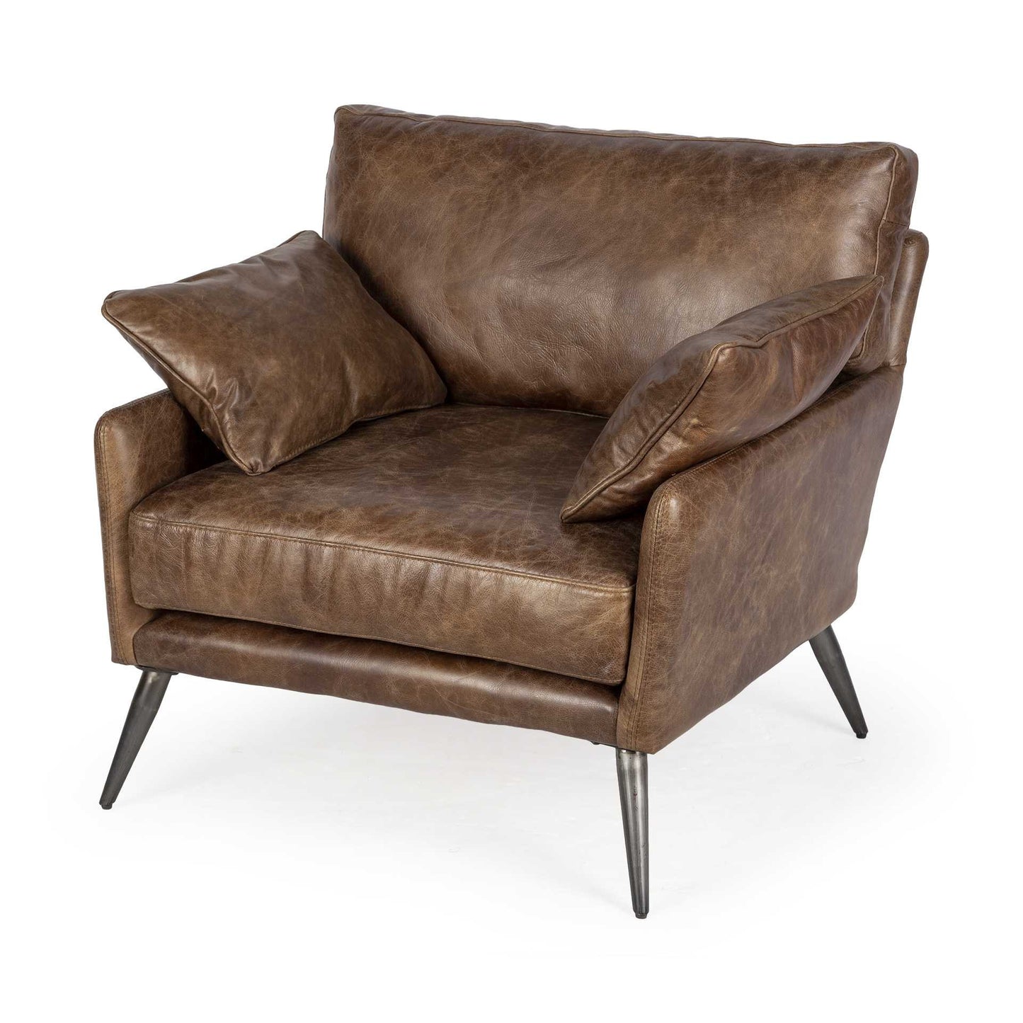 33" Brown And Silver Faux Leather Distressed Arm Chair-2
