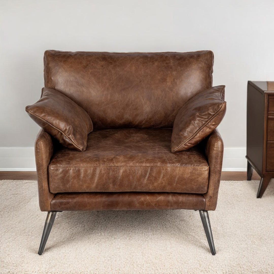 33" Brown And Silver Faux Leather Distressed Arm Chair-1