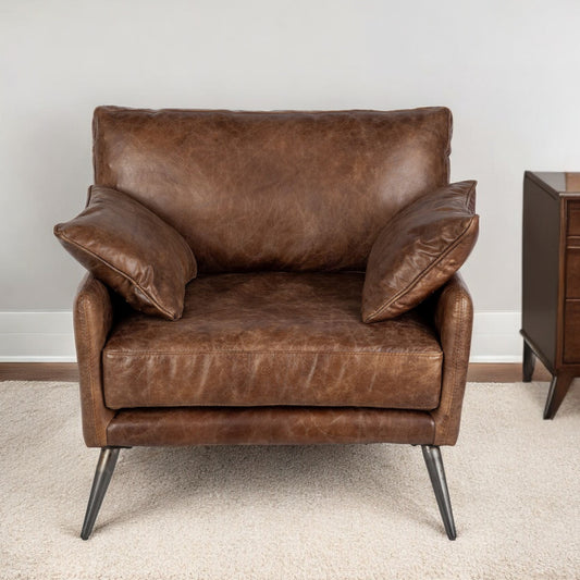 33" Brown And Silver Faux Leather Distressed Arm Chair-1