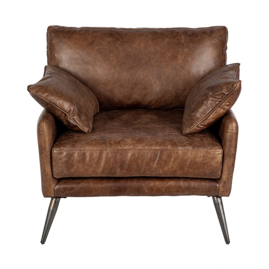 33" Brown And Silver Faux Leather Distressed Arm Chair-0