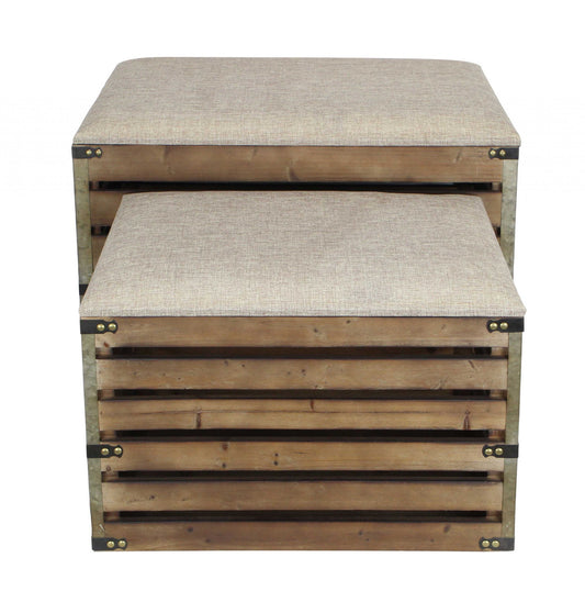 Set of Two Brown Wood Slat and Upholstery Storage Benches With Flip Top-1