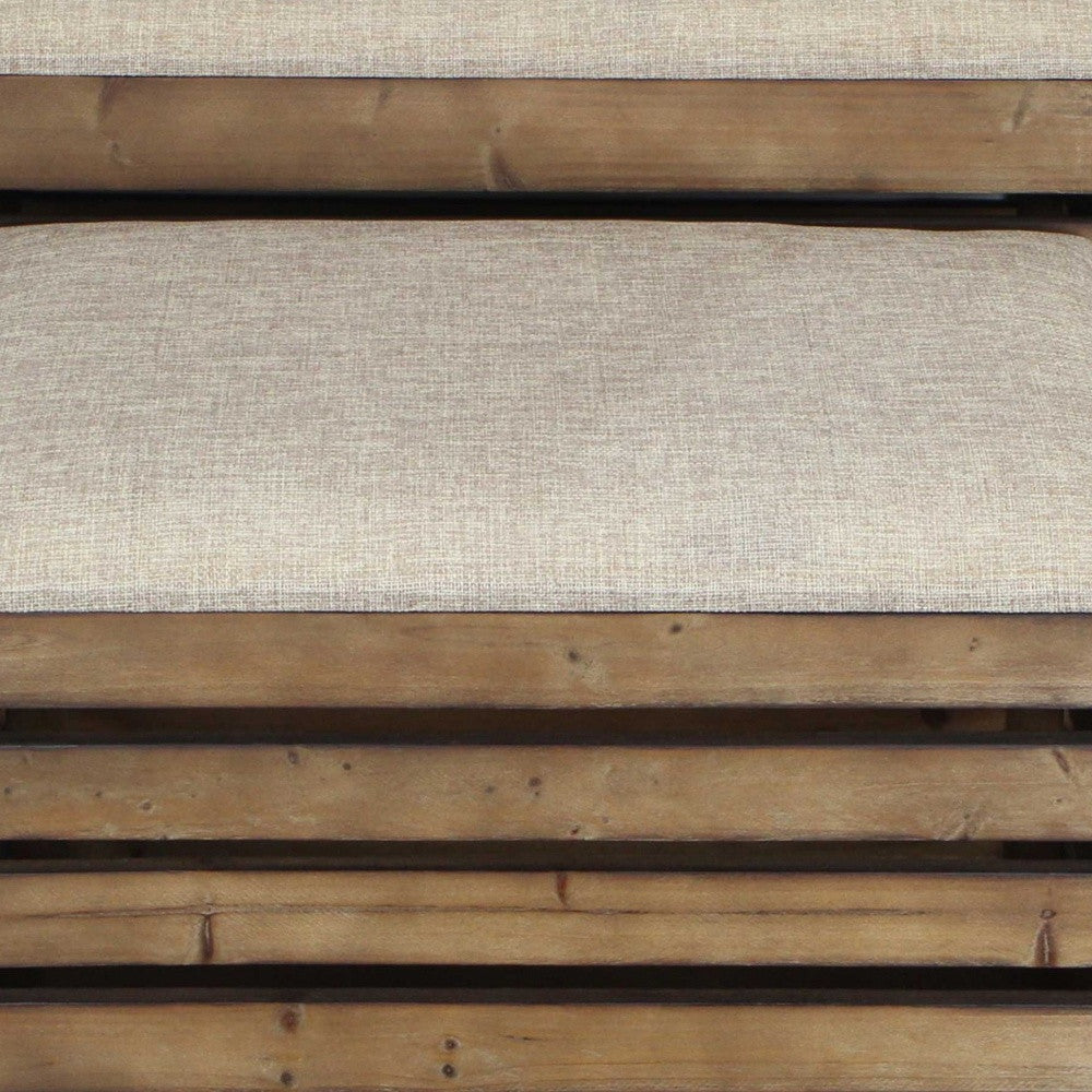 Set of Two Brown Wood Slat and Upholstery Storage Benches With Flip Top-8