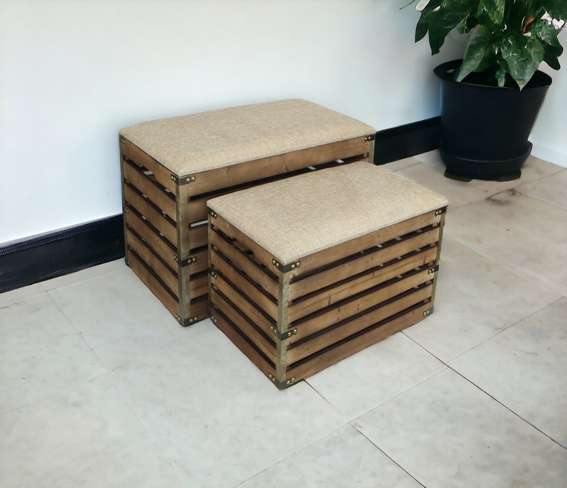 Set of Two Brown Wood Slat and Upholstery Storage Benches With Flip Top-2