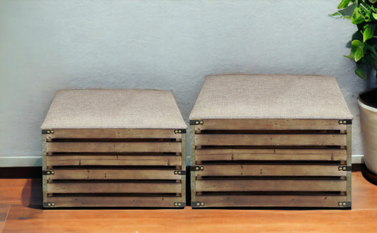 Set of Two Brown Wood Slat and Upholstery Storage Benches With Flip Top-0