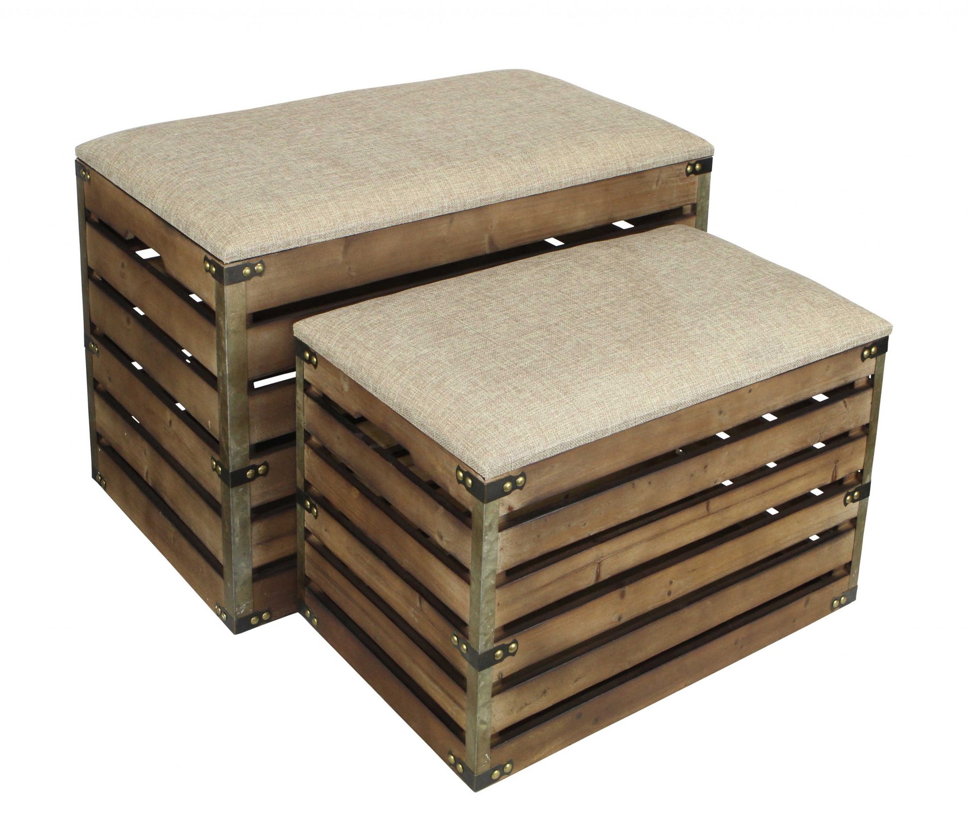 Set of Two Brown Wood Slat and Upholstery Storage Benches With Flip Top-3
