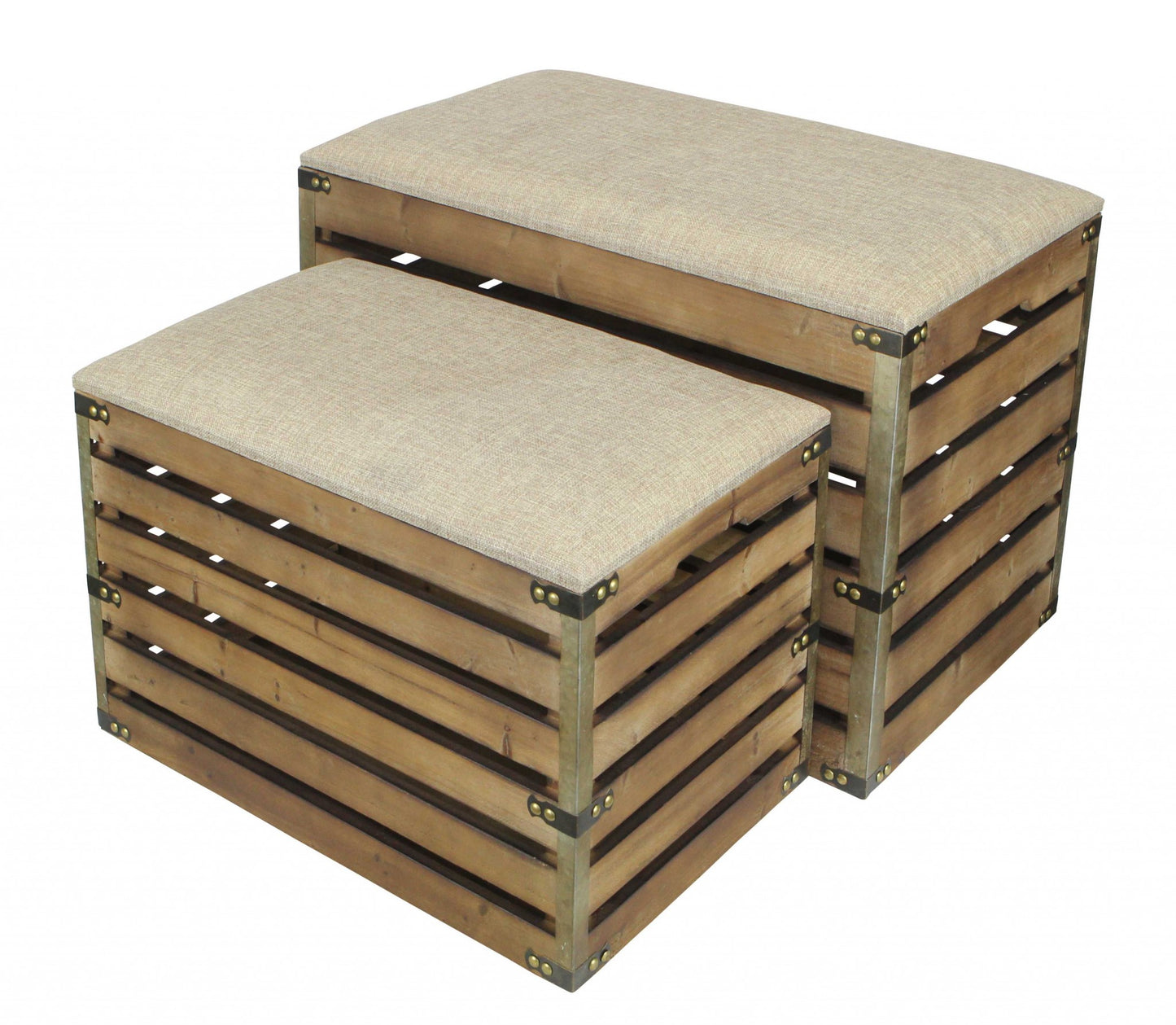 Set of Two Brown Wood Slat and Upholstery Storage Benches With Flip Top-4