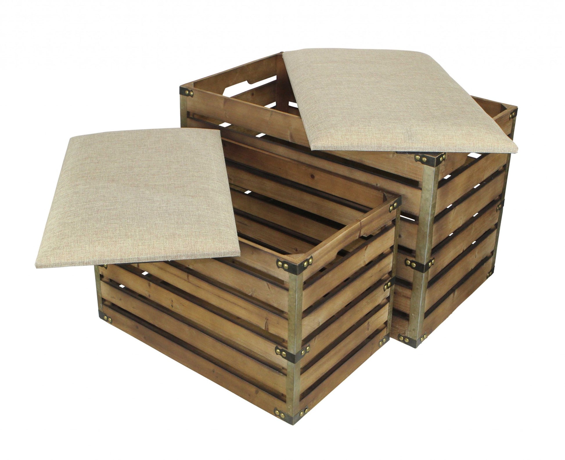 Set of Two Brown Wood Slat and Upholstery Storage Benches With Flip Top-5