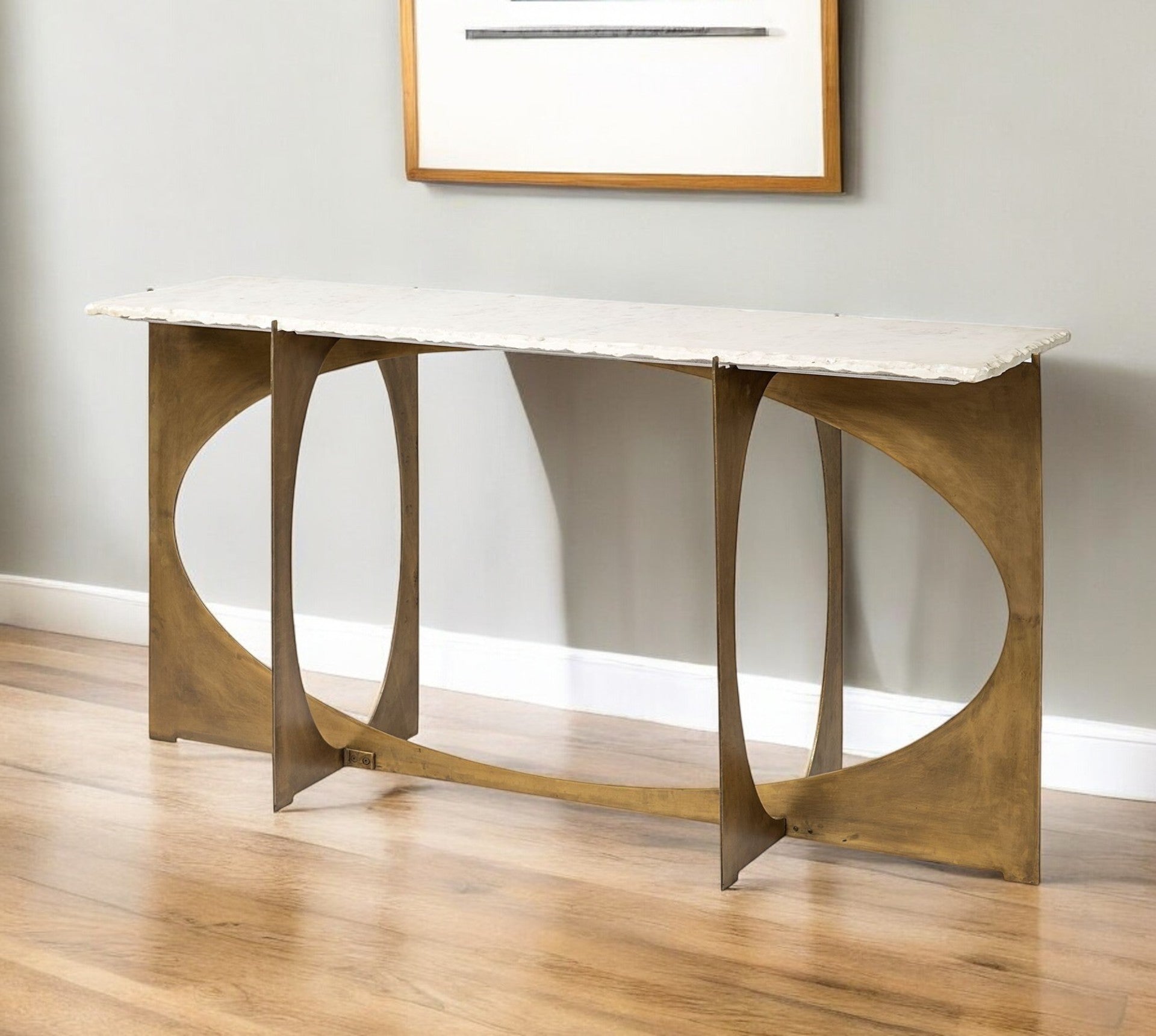 59" White and Gold Genuine Marble and Metal Geo Base Console Table-0
