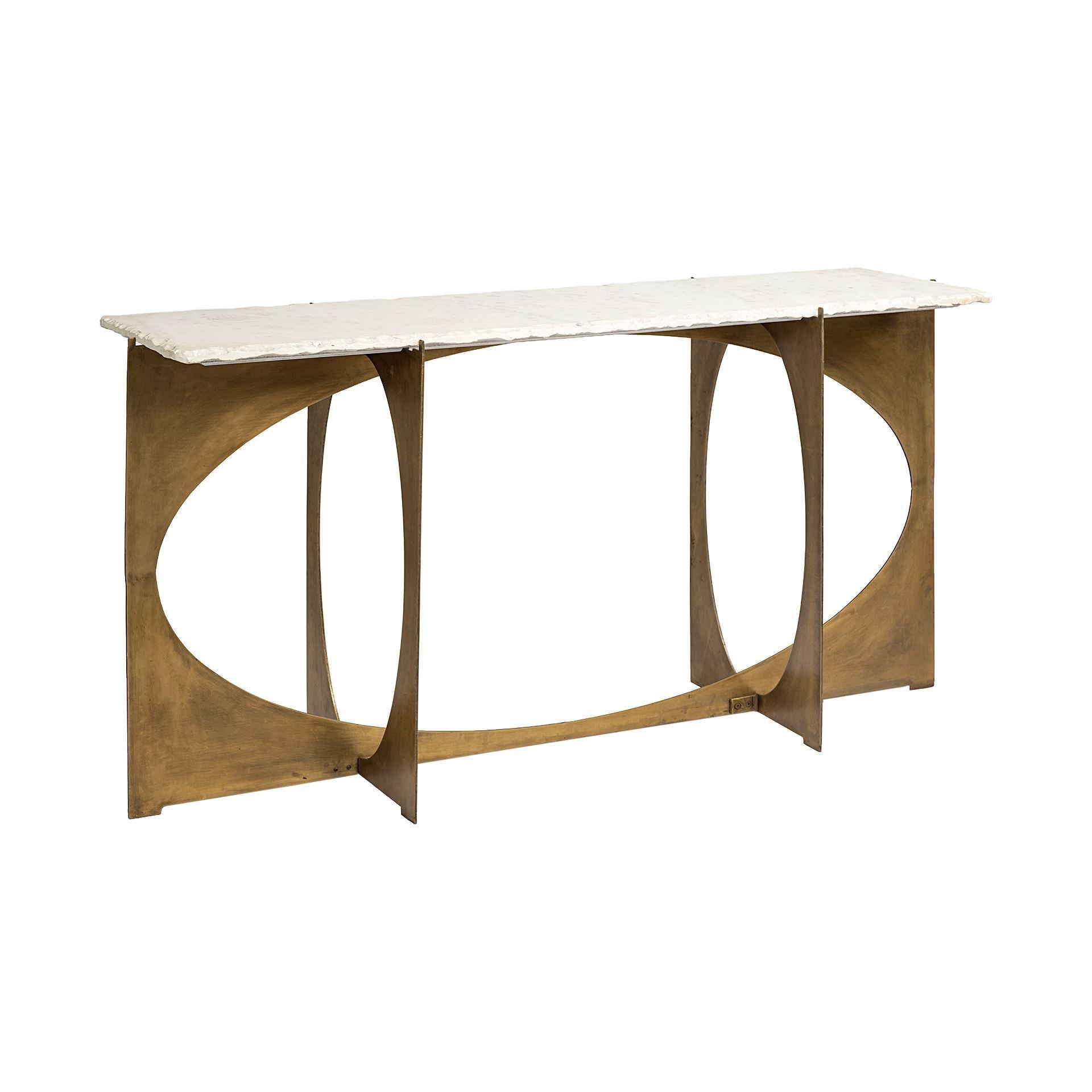 59" White and Gold Genuine Marble and Metal Geo Base Console Table-6